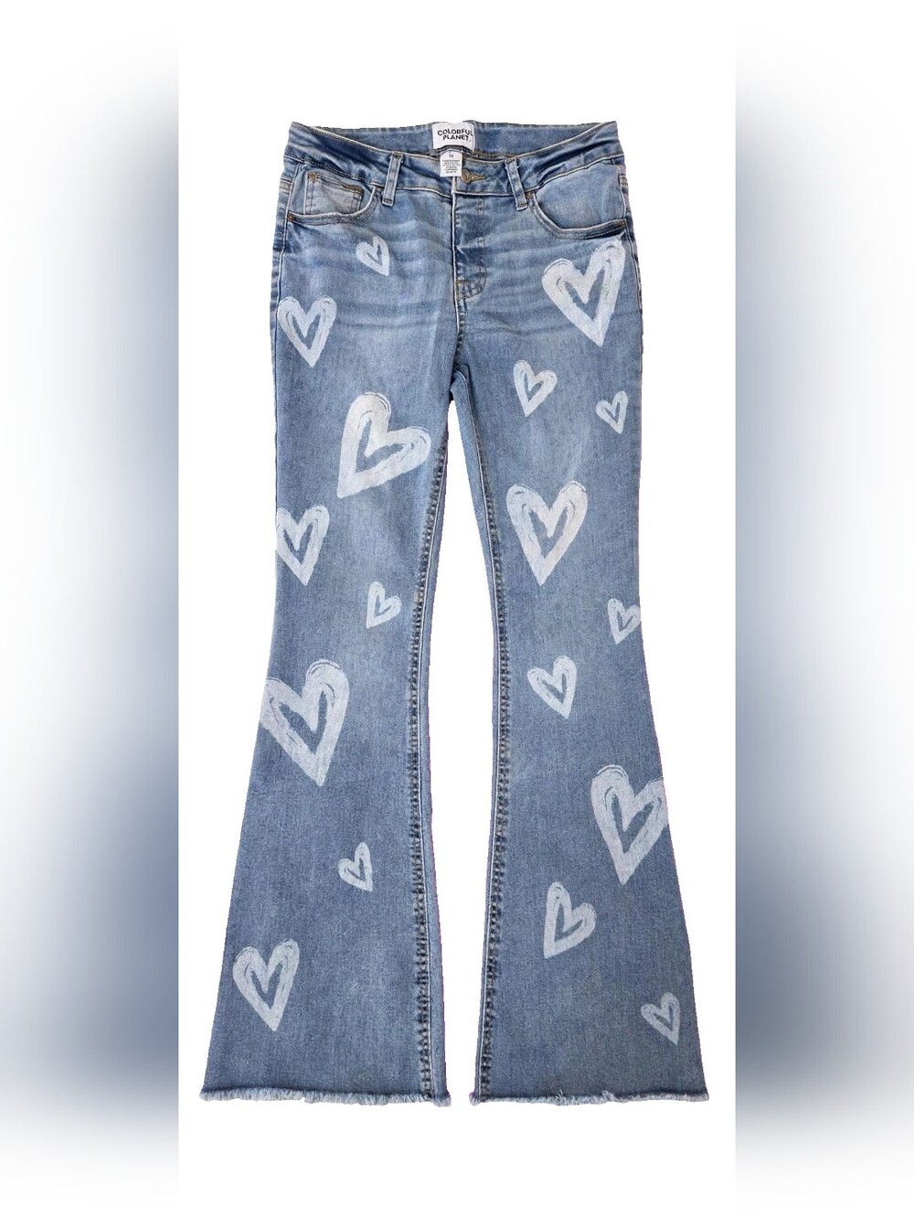 Colorful Planet Girls/Juniors Sz 16 Heart Print Flare Jeans Adjustable Waist Y2K
